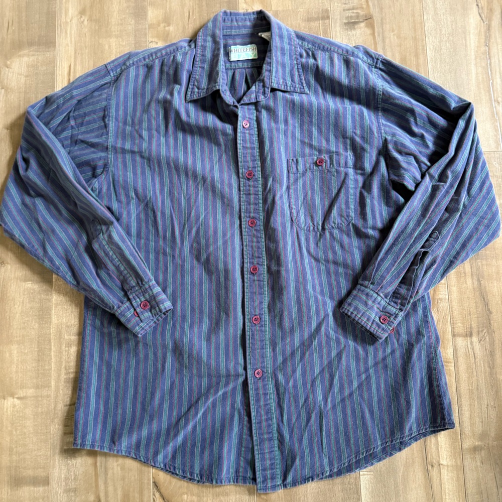 Vintage Whitefish Bay Button Up Shirt Men Large‎ Navy Striped Y2K Colorful Fade